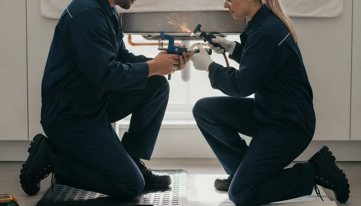 Oakland, CA plumber repairing a home pipe on a plumbing service call