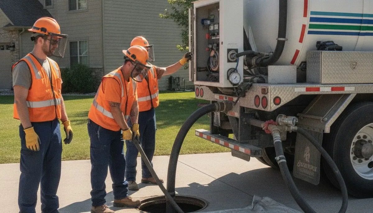 Septic pumping truck servicing Oakland, CA home for plumbing repair and tank cleaning