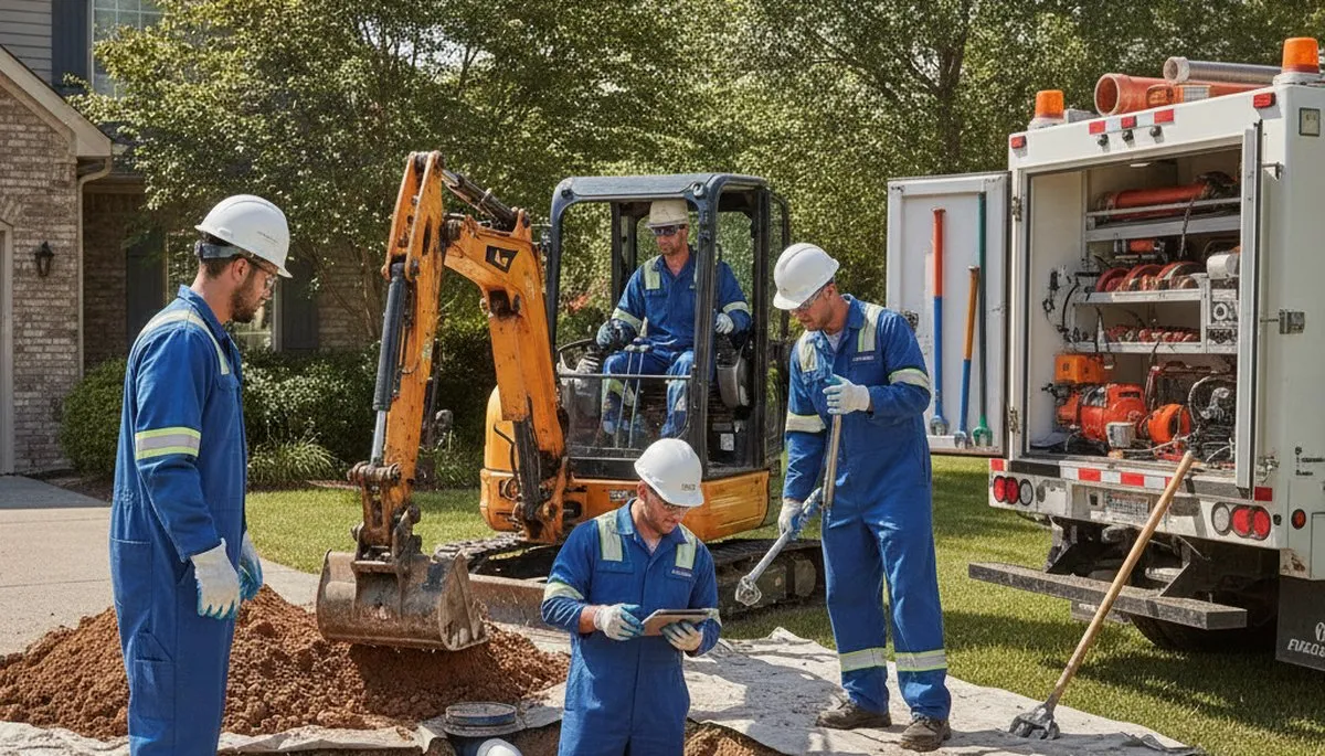 Oakland, CA plumbers repairing a septic system for a home during service call