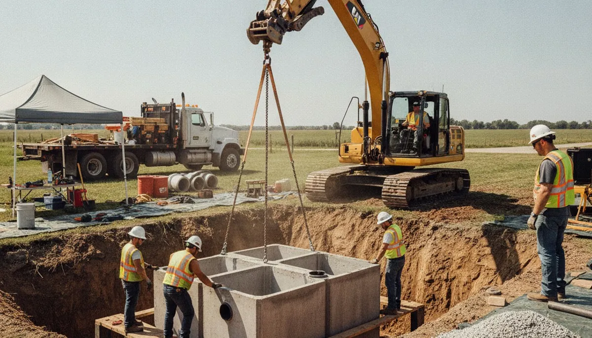 Oakland, CA plumbers installing a septic tank for a home site prep and system setup