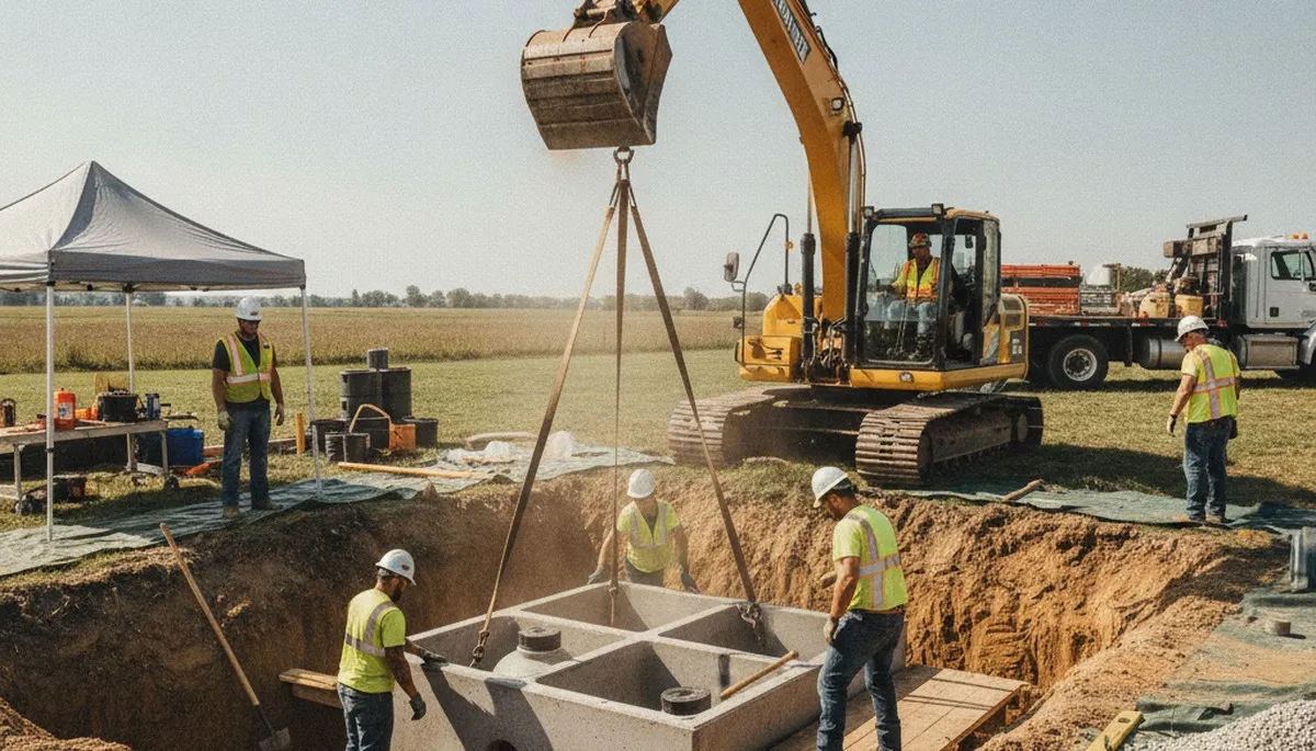 Oakland, CA plumbers preparing septic tank installation for a residential service site