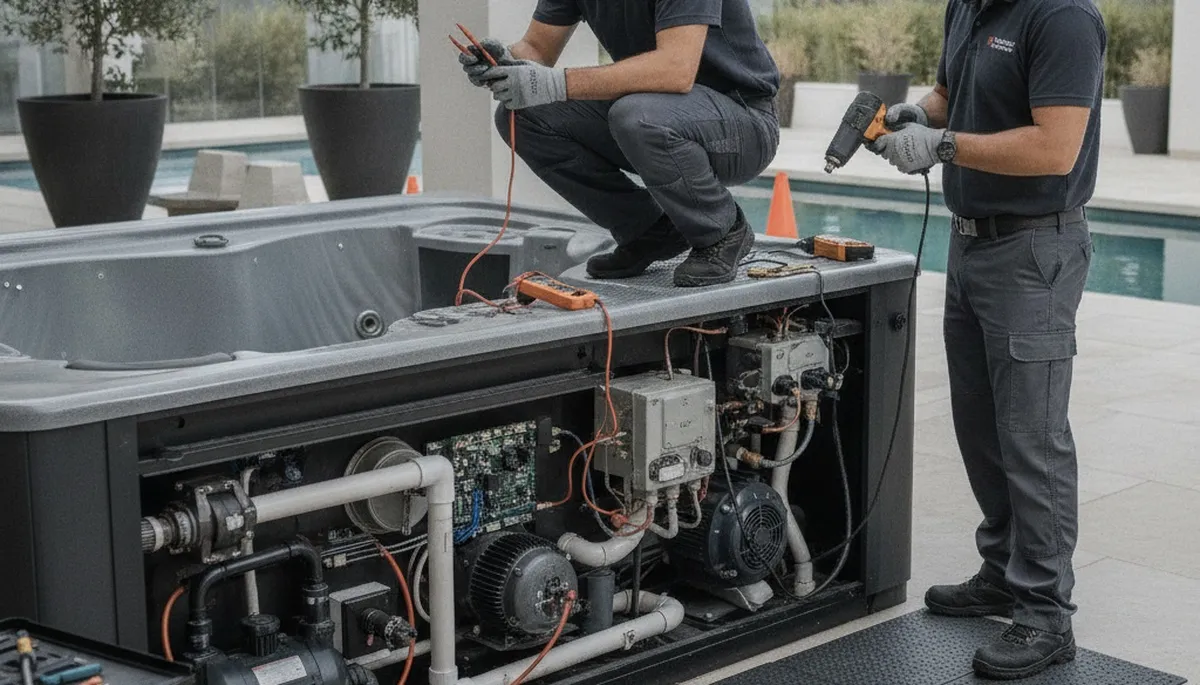 Oakland, CA plumber repairing a spa to fix jet clogs and heating issues
