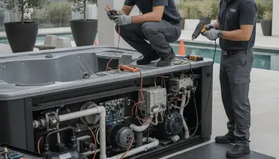 Oakland, CA plumber repairing a spa to fix jet clogs and heating issues