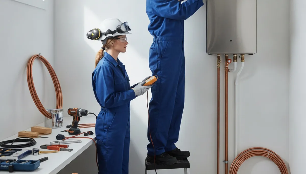 Oakland, CA plumber installing a tankless water heater for a home service call